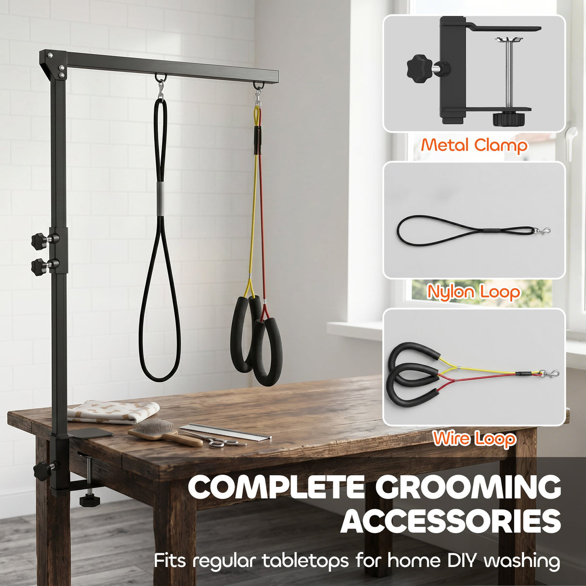 Dog Grooming Arm with Clamp Adjustable Foldable Dog Grooming 2 Loop Noose Small Medium Dogs 18.9" -32.3" Black