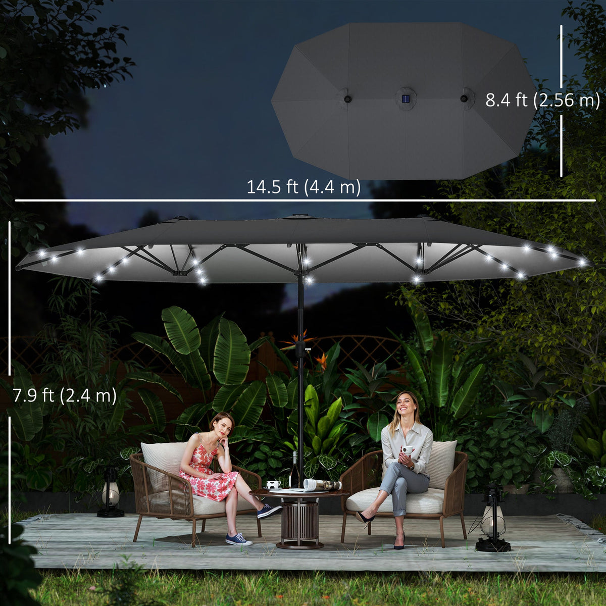 174" Double-Sided Sun Umbrella Garden Parasol Patio Sun Shade Outdoor with LED Solar Light, Khaki