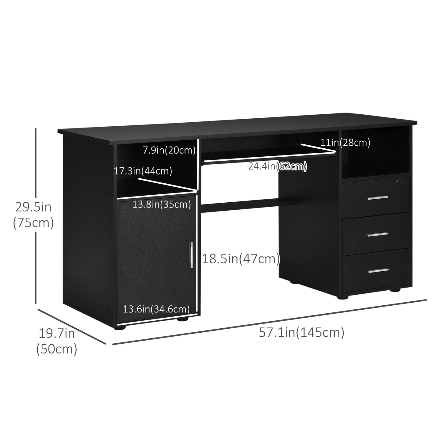 Bloom 57" Computer Desk with Keyboard Tray and Storage Drawers-Black
