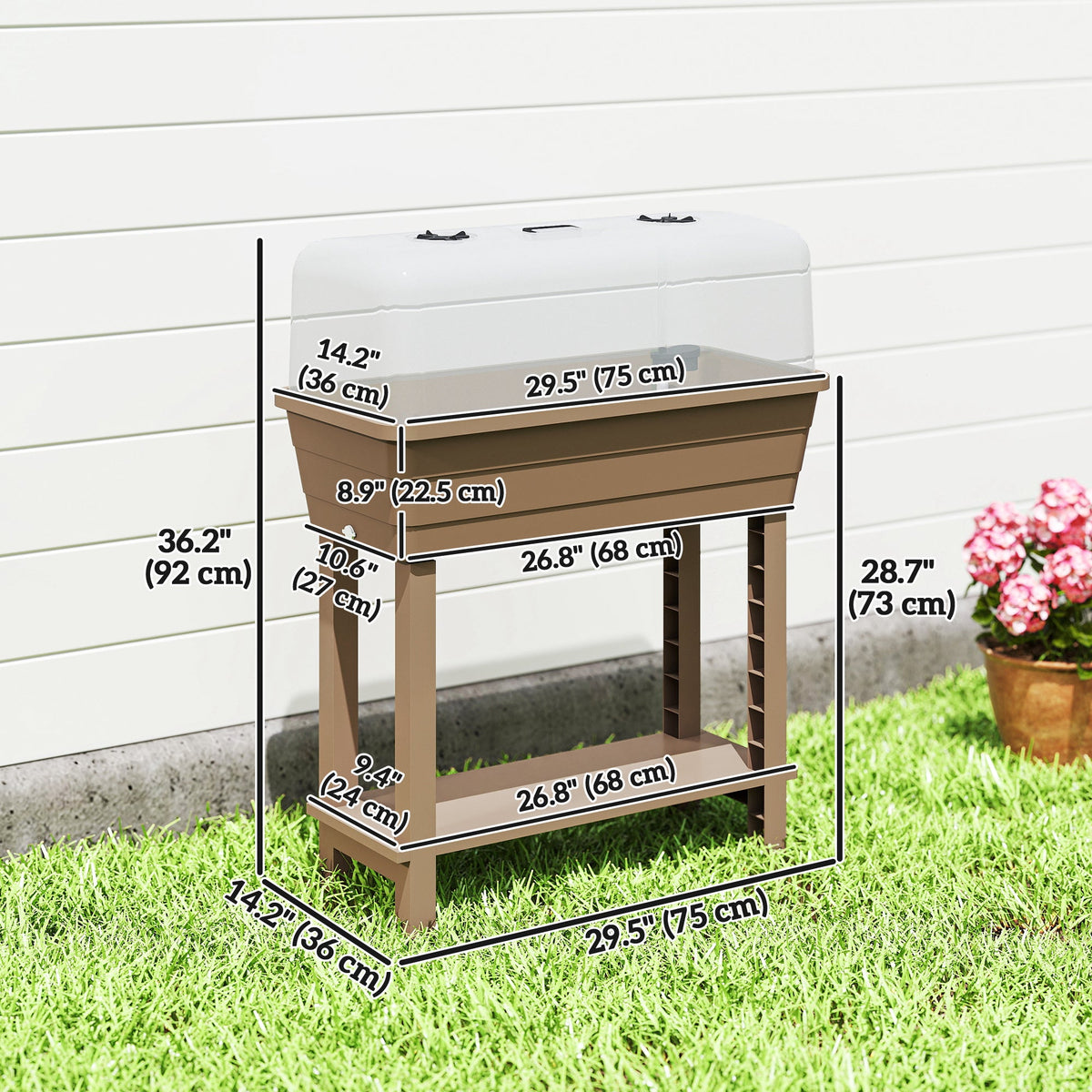 41L Self Watering Raised Garden Bed w/ Ventilation Transparent Lid Greenhouse, Planter Box w/ Storage Shelf, Black