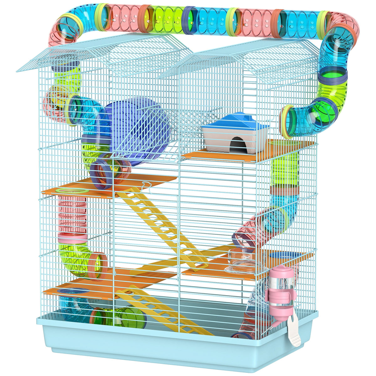 18.5" Hamster Cage, 5 Tiers Small Animal House with Tunnel Tube System, Exercise Wheel, Water Bottle, Blue
