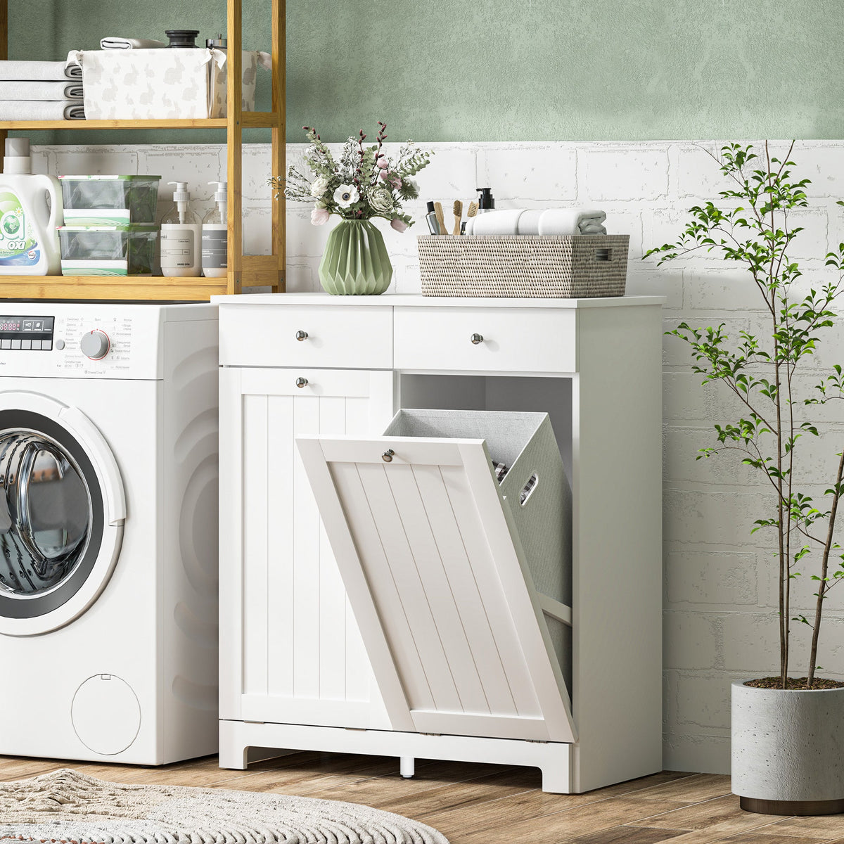 Laundry Cabinet, Tilt Out Laundry Hamper Cabinet with 2 Baskets, Bathroom Hamper Cabinet with 2 Drawers, Black