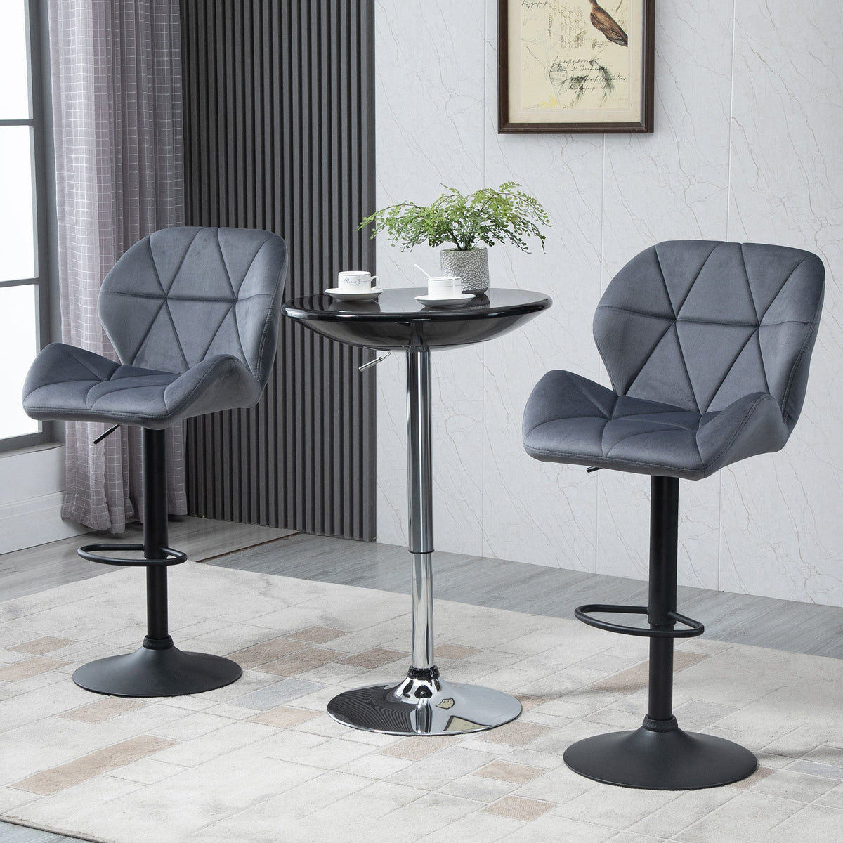 Bar Stool Set of 2 Fabric Adjustable Height Armless Upholstered Counter Chairs with Swivel Seat, Black