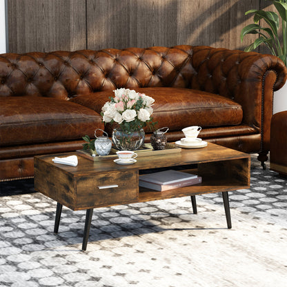 Omari Retro Coffee Table with Storage Shelf and Drawer-Rustic Brown