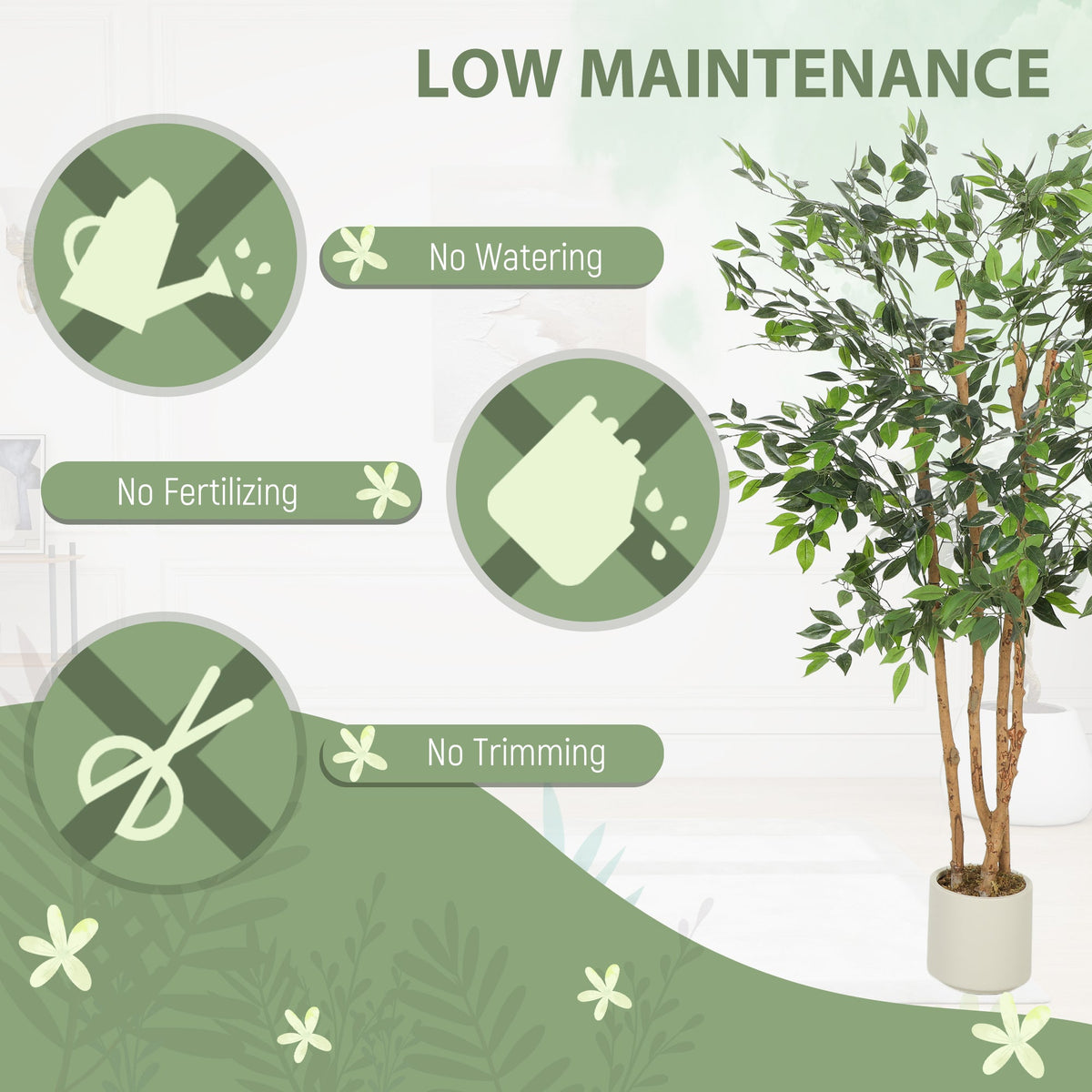 4FT Artificial Banyan Tree Set of 2, Fake Potted Tree with Solid Wood Trunk and Pot for Indoor