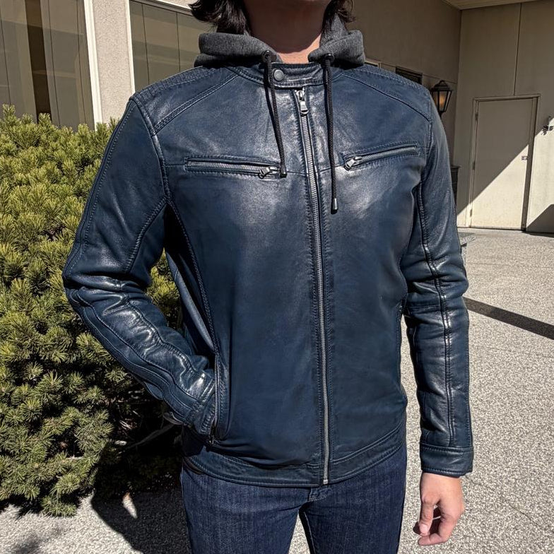 BOL Men's Hooded Snap Collar Leather Jacket