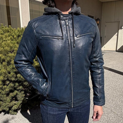 BOL Men's Hooded Snap Collar Leather Jacket