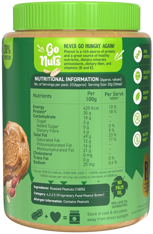 Natural Peanut Butter Smooth, Unsweetened, 100% Roasted Peanuts - 30% Protein, Source of Healthy Fats, No Added Sugar & Salt