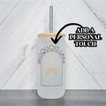 Custom Lake Sunset Frosted Glass Can with Bamboo Lid