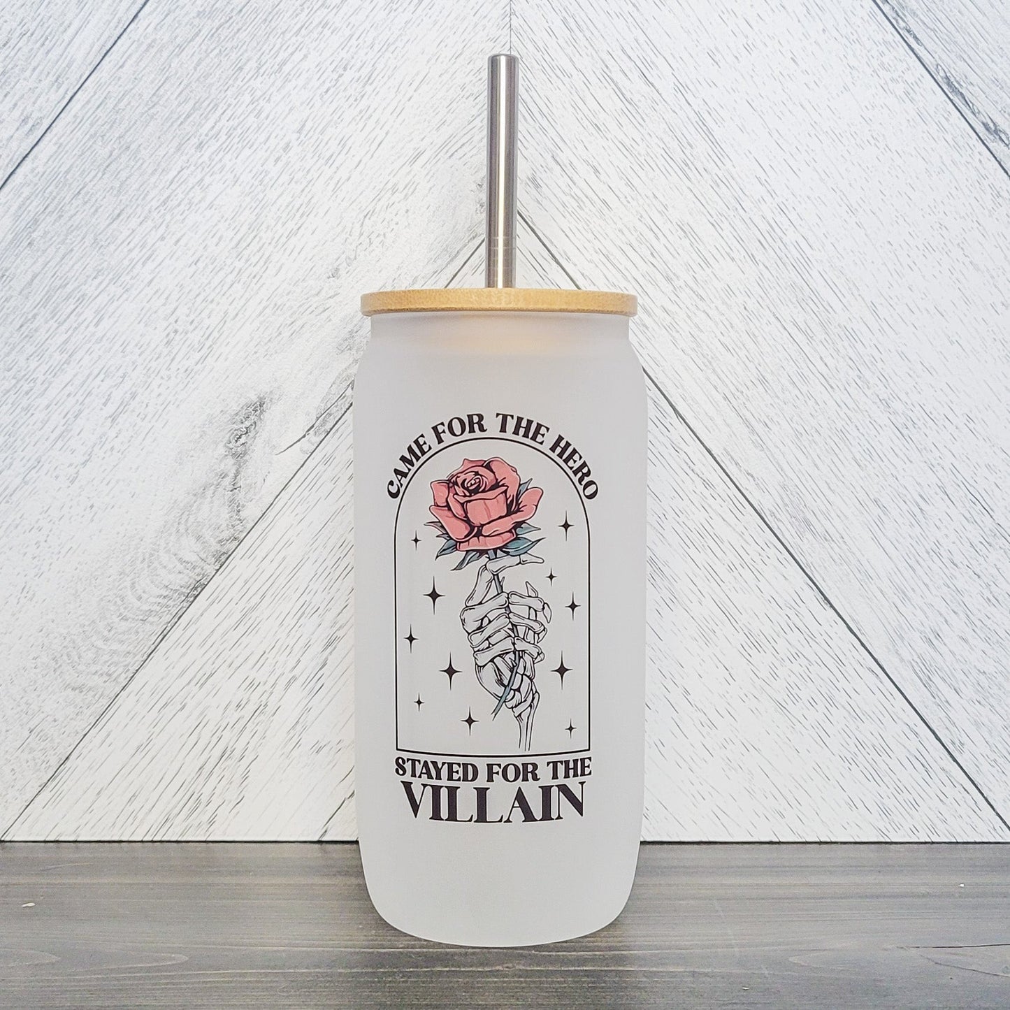 Came For The Hero, Stayed For The Villain Glass Can with Bamboo Lid