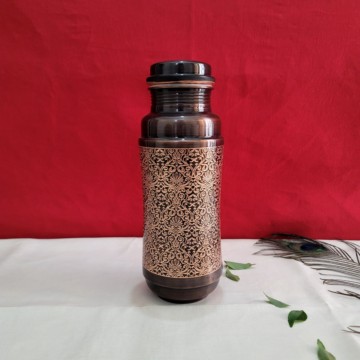 Pure Copper Jumbo Water Bottle (1300ML) | Black Antique Engraving | Handcrafted, Ayurvedic & Sustainable Hydration