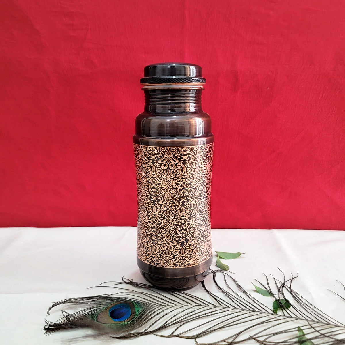 Pure Copper Jumbo Water Bottle (1300ML) | Black Antique Engraving | Handcrafted, Ayurvedic & Sustainable Hydration