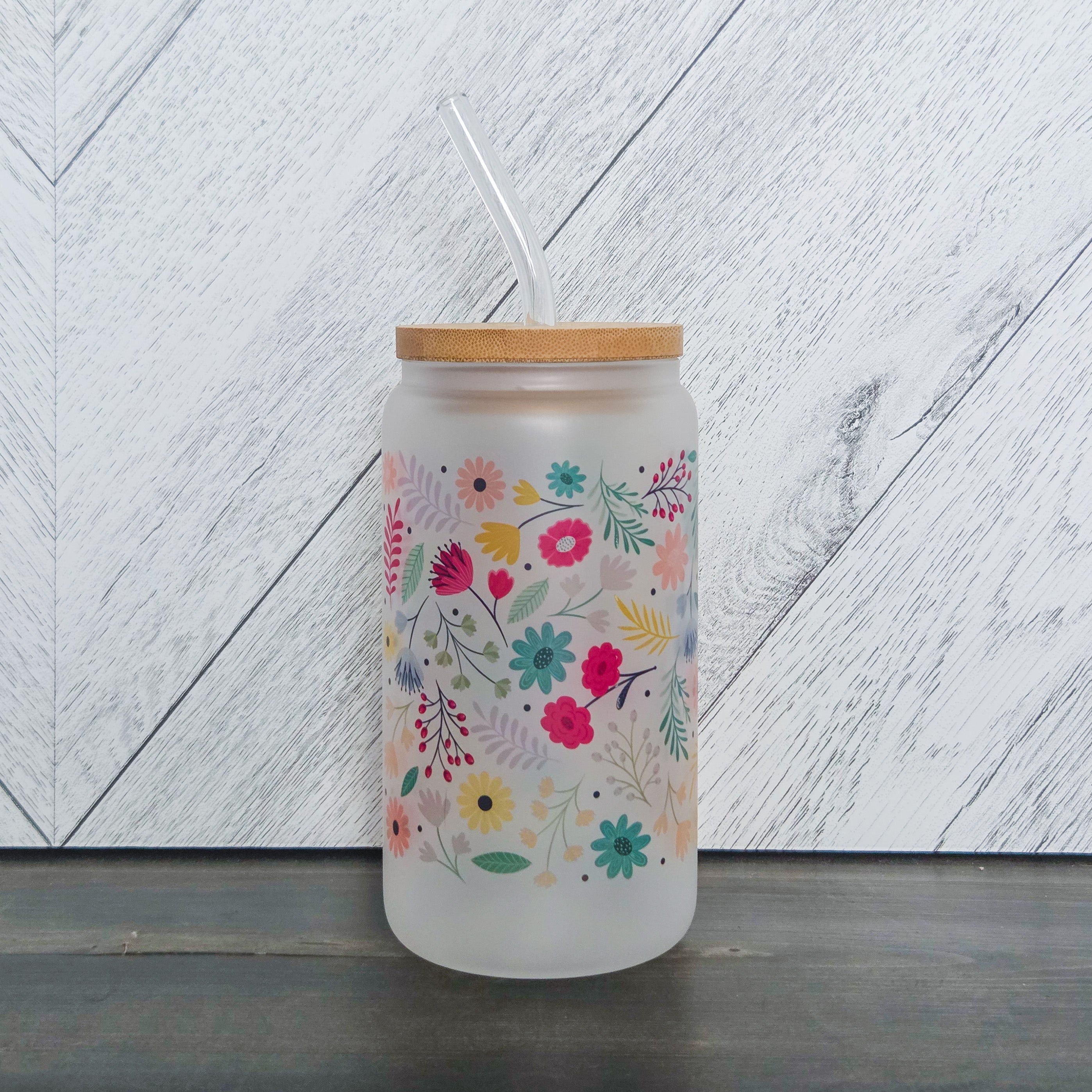 Spring Vibes Flower Frosted Can with Bamboo Lid