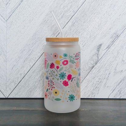 Spring Vibes Flower Frosted Can with Bamboo Lid