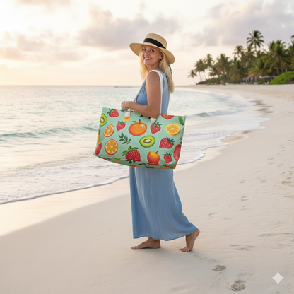Tropical Fruit Pattern Weekender Bag | Citrus Strawberry Kiwi Beach Tote | Large Tote Bag