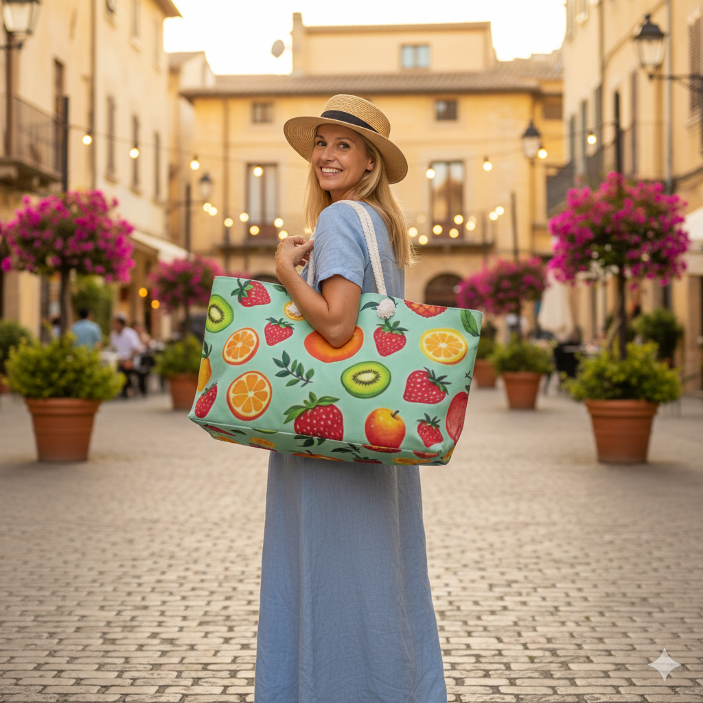 Tropical Fruit Pattern Weekender Bag | Citrus Strawberry Kiwi Beach Tote | Large Tote Bag