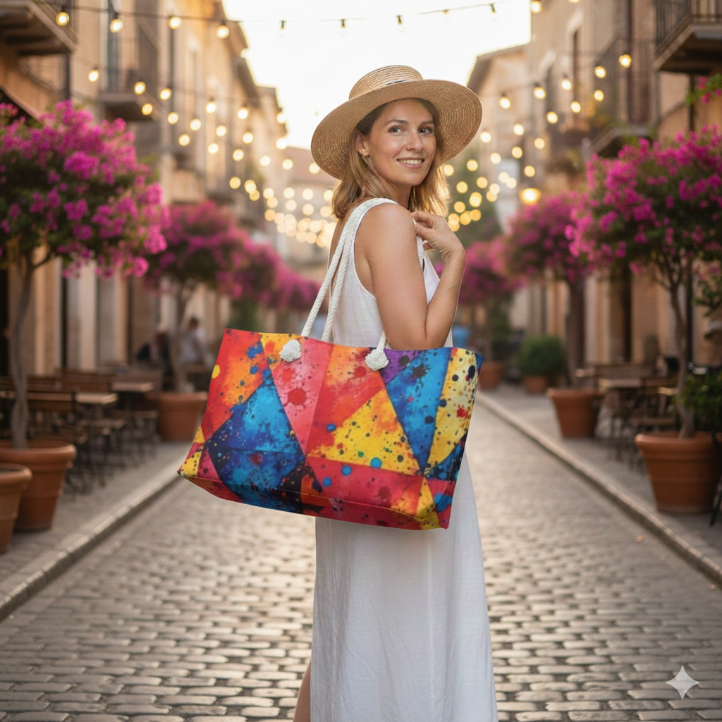 Colorful Geometric Paint Splatter Weekender Bag | Large Tote, Travel Beach Bag