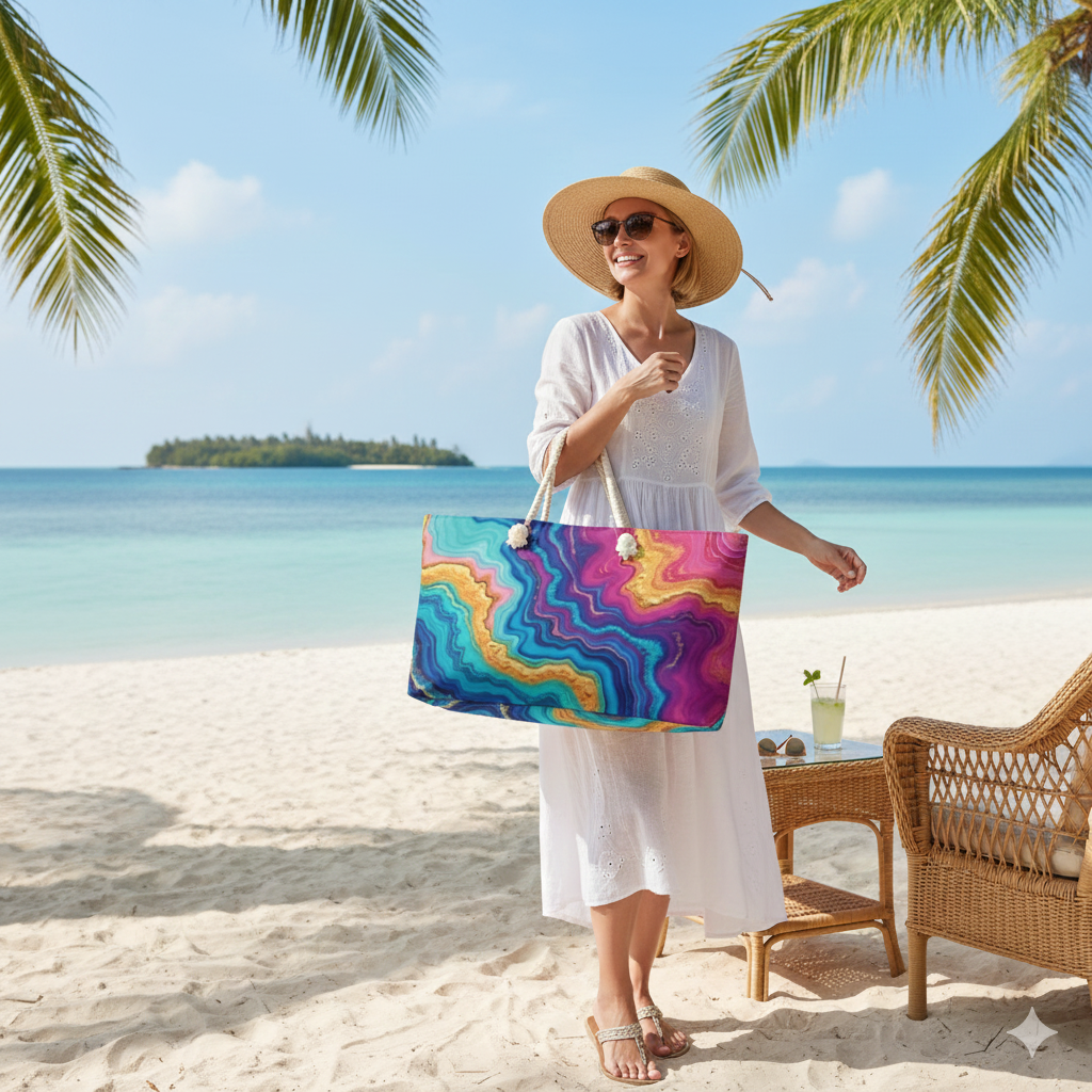 Colorful Agate Pattern Weekender Bag | Blue Teal Pink Marble, Large Tote Bag