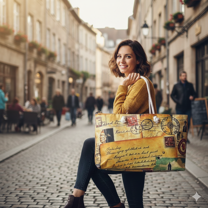 Vintage Travel Postcards Weekender Bag | Retro Stamp Collage, Large Tote Bag