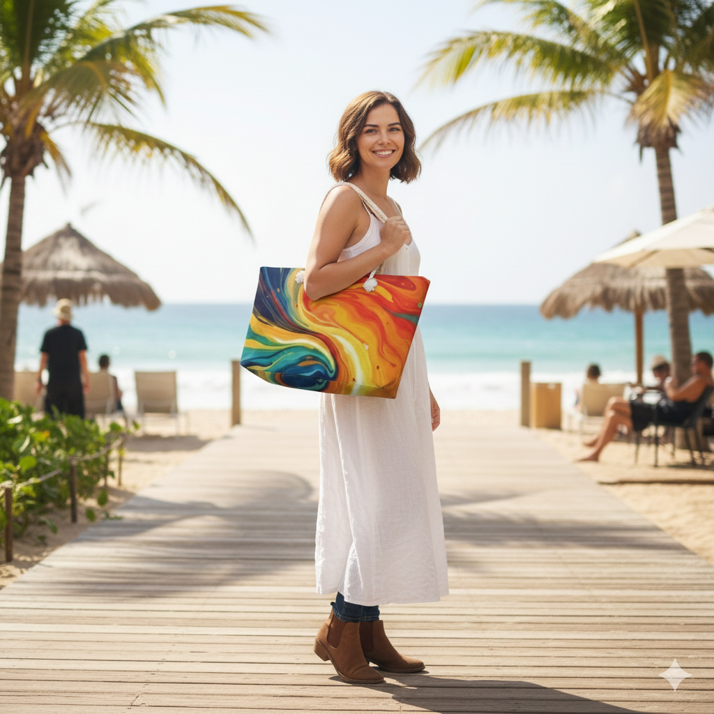 Abstract Colorful Swirl Weekender Bag | Vibrant Marble Print, Large Tote Bag