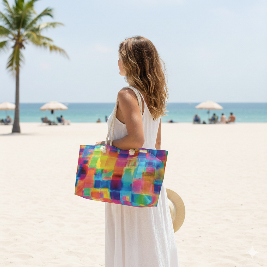 Colorful Abstract Watercolor Squares Weekender Bag | Bright Travel Tote | Large Tote Bag