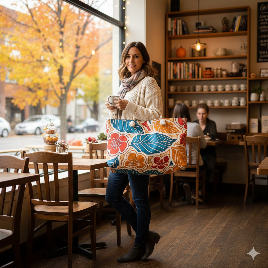 Tropical Floral Leaf Weekender Bag | Blue Orange Hibiscus Tote Bag