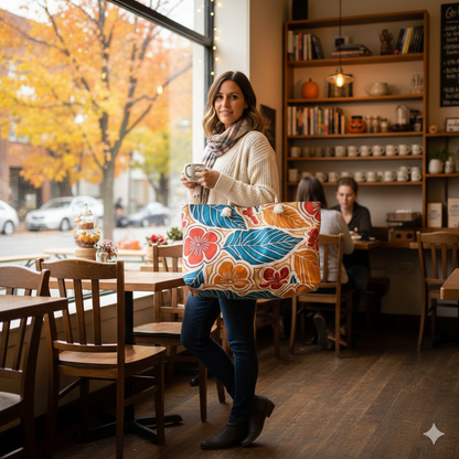 Tropical Floral Leaf Weekender Bag | Blue Orange Hibiscus Tote Bag