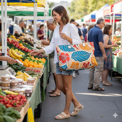 Tropical Floral Leaf Weekender Bag | Blue Orange Hibiscus Tote Bag