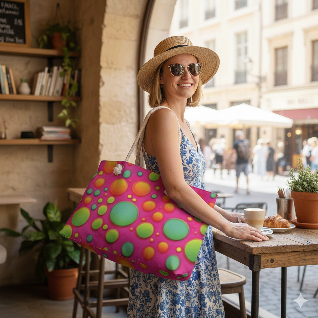 Colorful Bubble Pattern Weekender Bag | Neon Pink Green Orange, Large Tote Bag