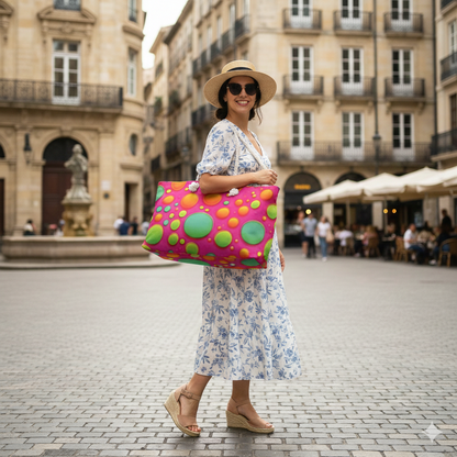 Colorful Bubble Pattern Weekender Bag | Neon Pink Green Orange, Large Tote Bag