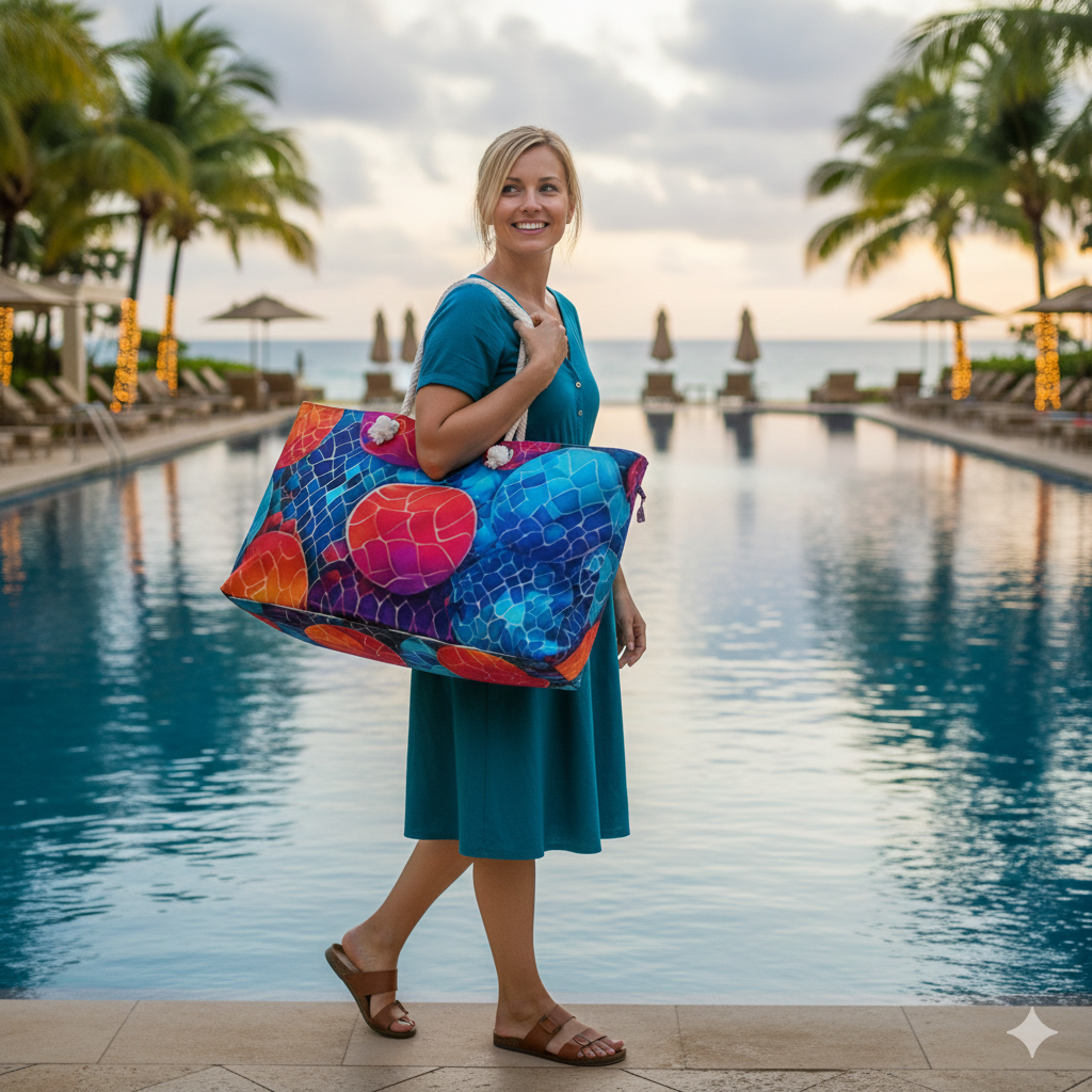 Vibrant Mosaic Bubbles Weekender Bag | Colorful Beach Large Tote Bag