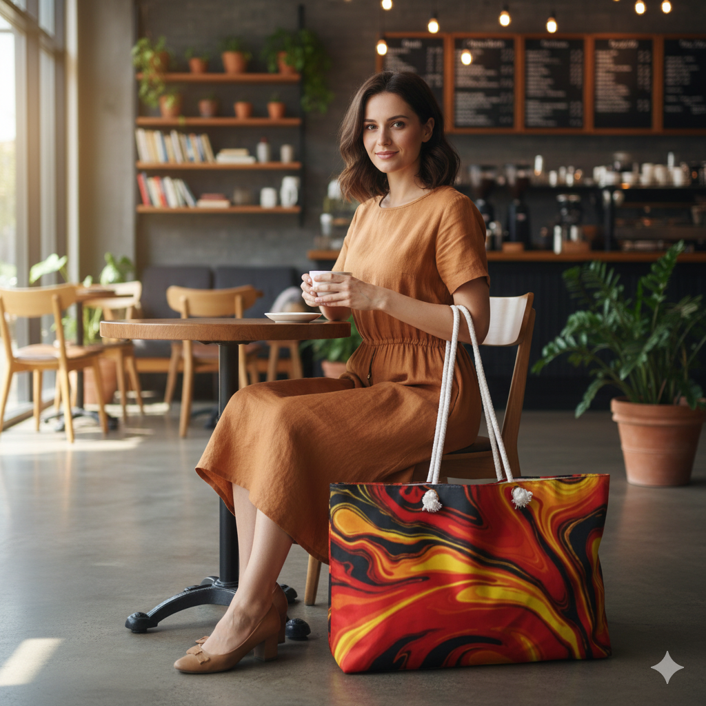 Fiery Abstract Swirl Weekender Bag | Red Orange Yellow Marble, Large Tote