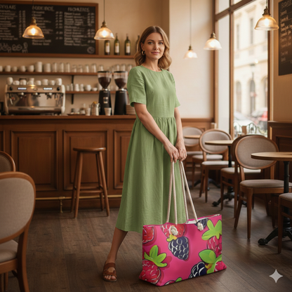 Raspberry Blackberry Pattern Weekender Bag | Bright Pink Berry Large Tote Bag