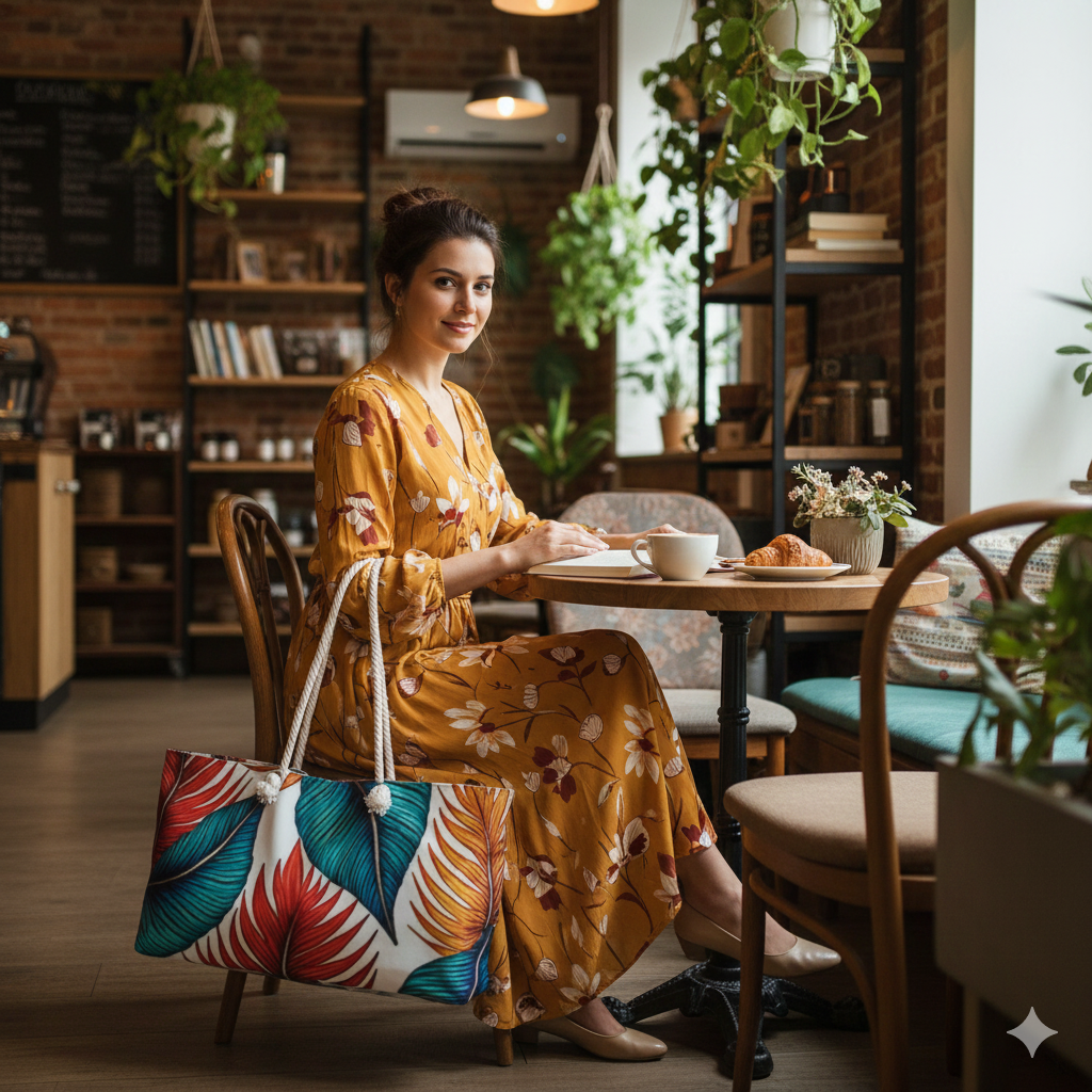 Tropical Leaf Pattern Weekender Bag | Blue Teal Orange Palm, Large Tote Bag