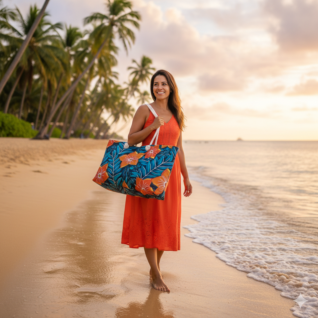 Orange Floral Pattern Weekender Bag | Tropical Blue Leaves | Large Tote Bag