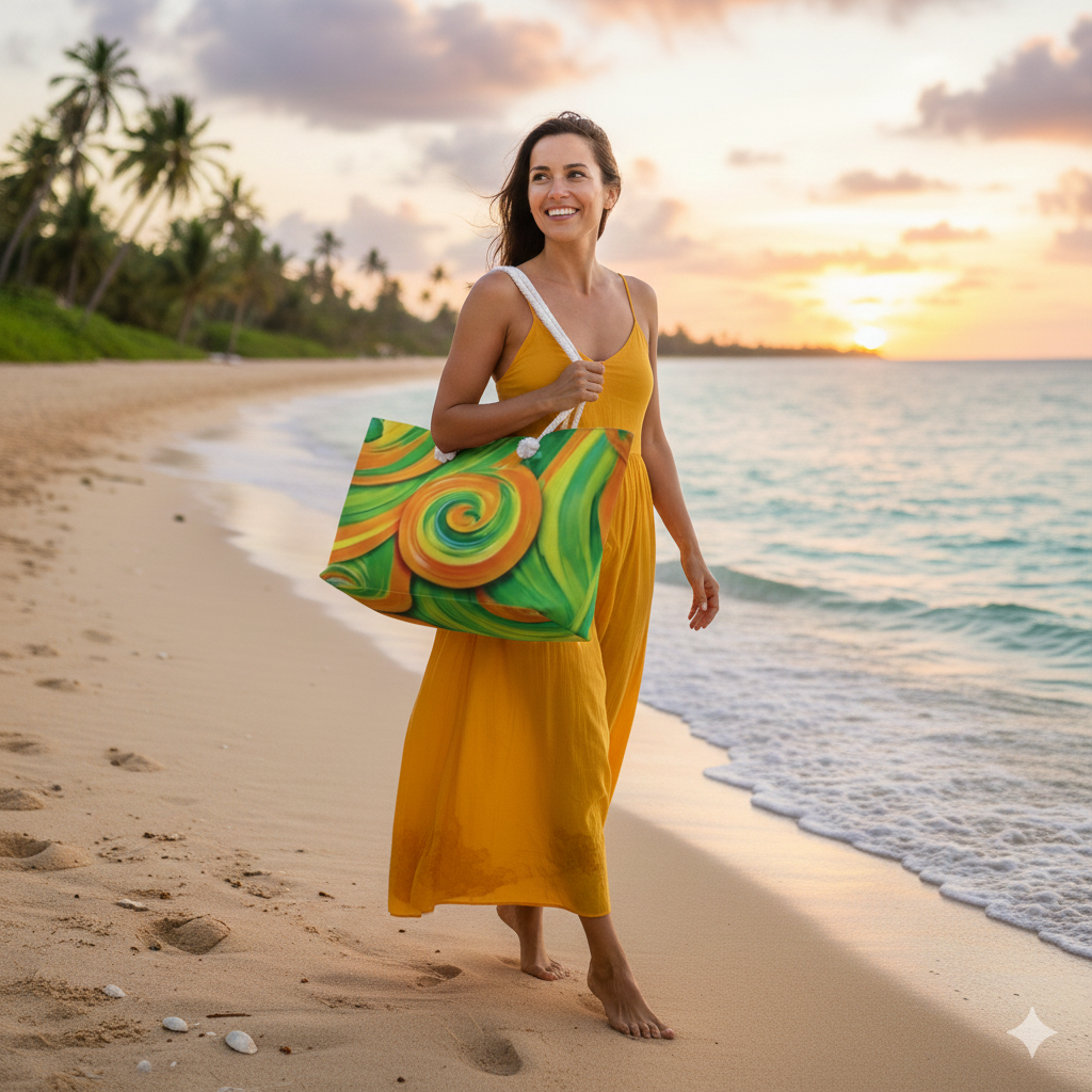 Green Orange Swirl Pattern Weekender Bag | Abstract Beach Tote Bag | Large Tote Bag