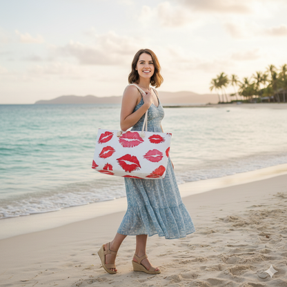 Red Lipstick Kiss Pattern Weekender Bag | Lip Print Travel Tote | Large Tote Bag