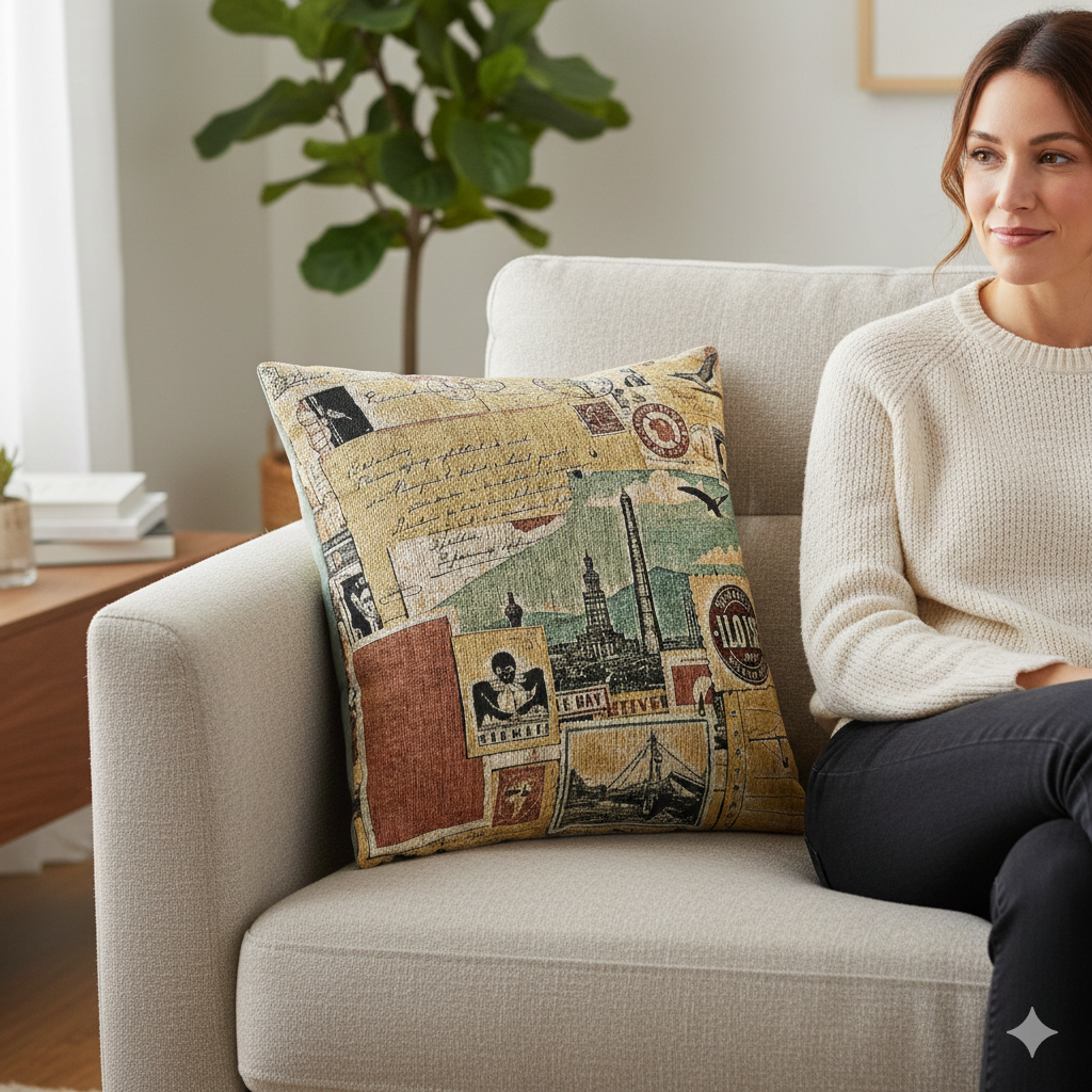 Vintage Travel Collage Woven Pillow | Cityscape Postcard Tapestry