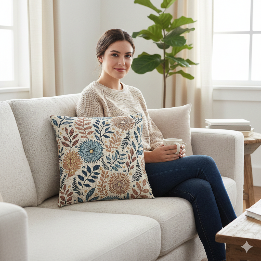 Boho Floral Woven Pillow | Textured Daisy Leaves Decorative Pillow