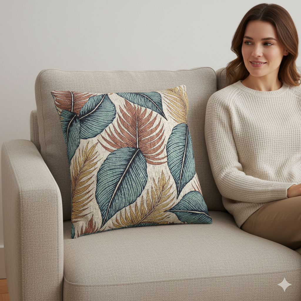 Tropical Leaf Woven Pillow | Blue Teal Rust Decorative Throw Pillow