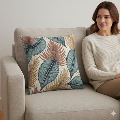 Tropical Leaf Woven Pillow | Blue Teal Rust Decorative Throw Pillow