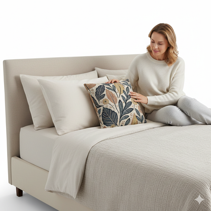 Botanical Leaf Pattern Pillow | Woven Floral Foliage Throw Cushion