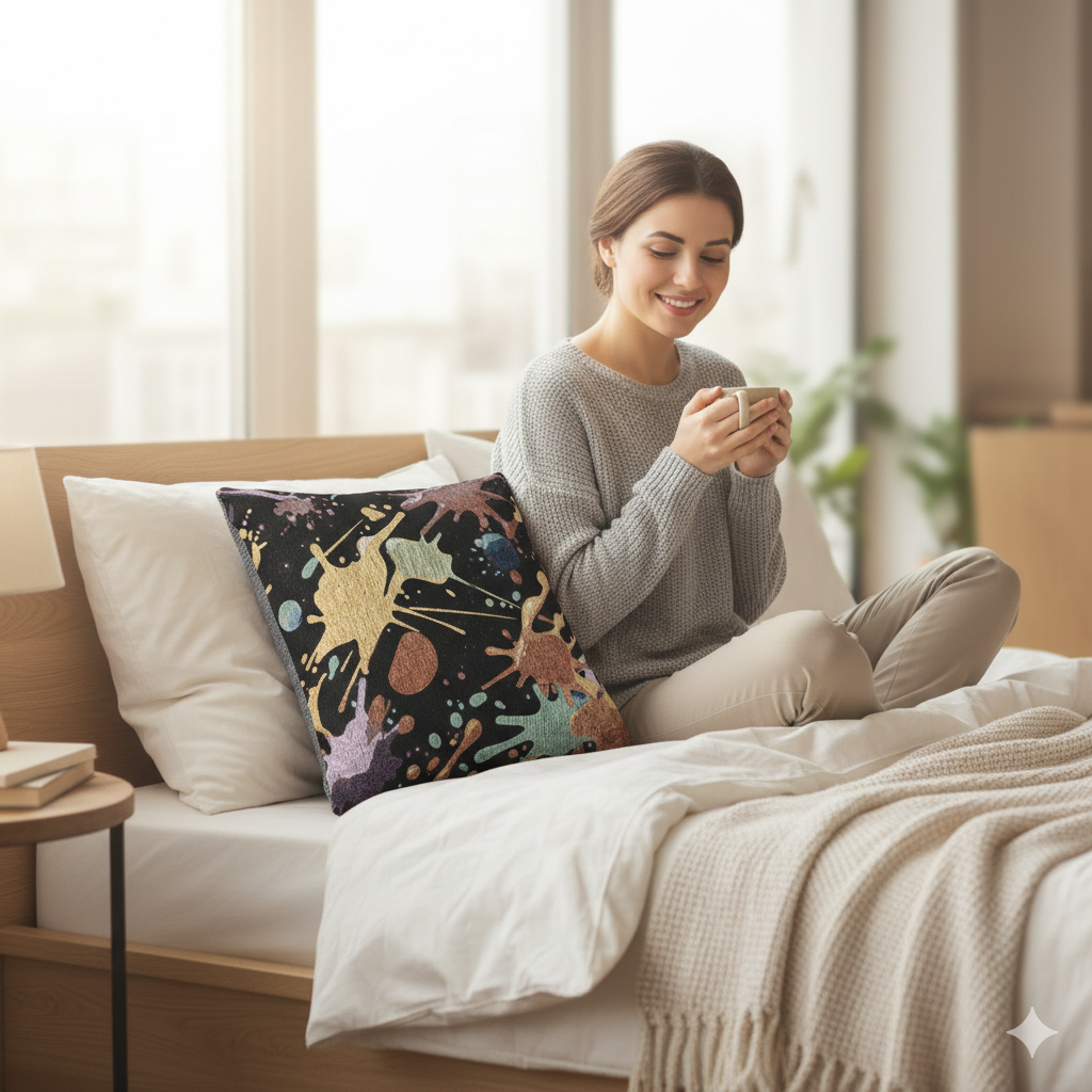 Abstract Paint Splatter Woven Pillow | Colorful Splash Pattern Cushion