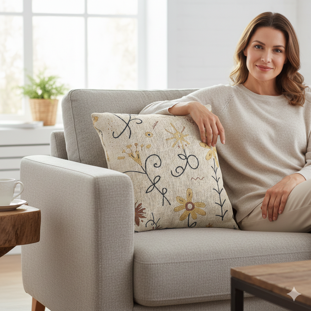 Neutral Floral Embroidered Woven Pillow | Boho Farmhouse Throw Cushion