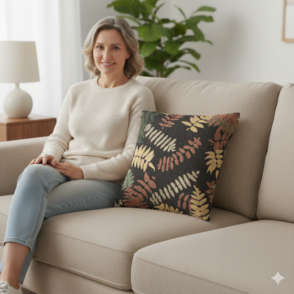 Fern Leaf Pattern Woven Pillow, Retro Botanical Throw Pillow | Earth Tone Leaves