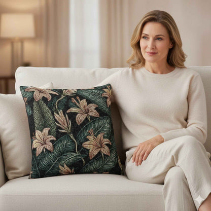 Tropical Lily Pattern Woven Pillow | Botanical Floral Throw Pillow
