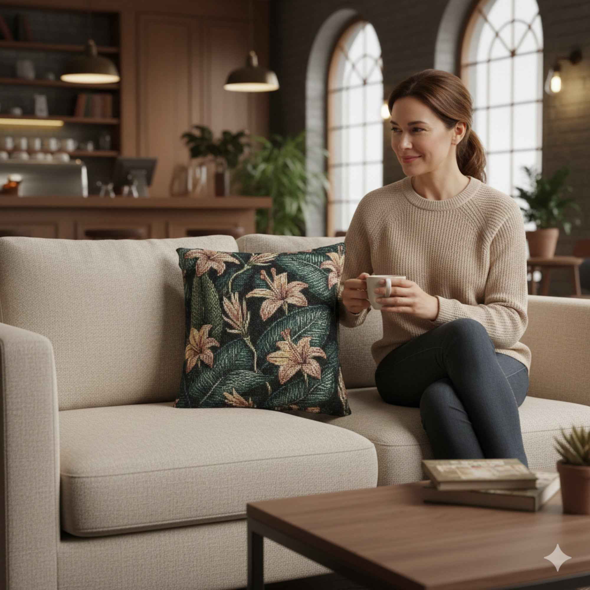 Tropical Lily Pattern Woven Pillow | Botanical Floral Throw Pillow