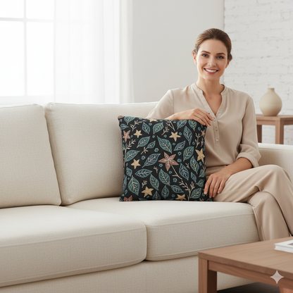 Floral Starleaf Pattern Woven Pillow | Botanical Night Leaves