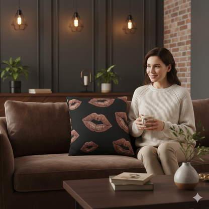 Rose Gold Lip Print Woven Pillow | Black Background, Decorative Throw Pillow