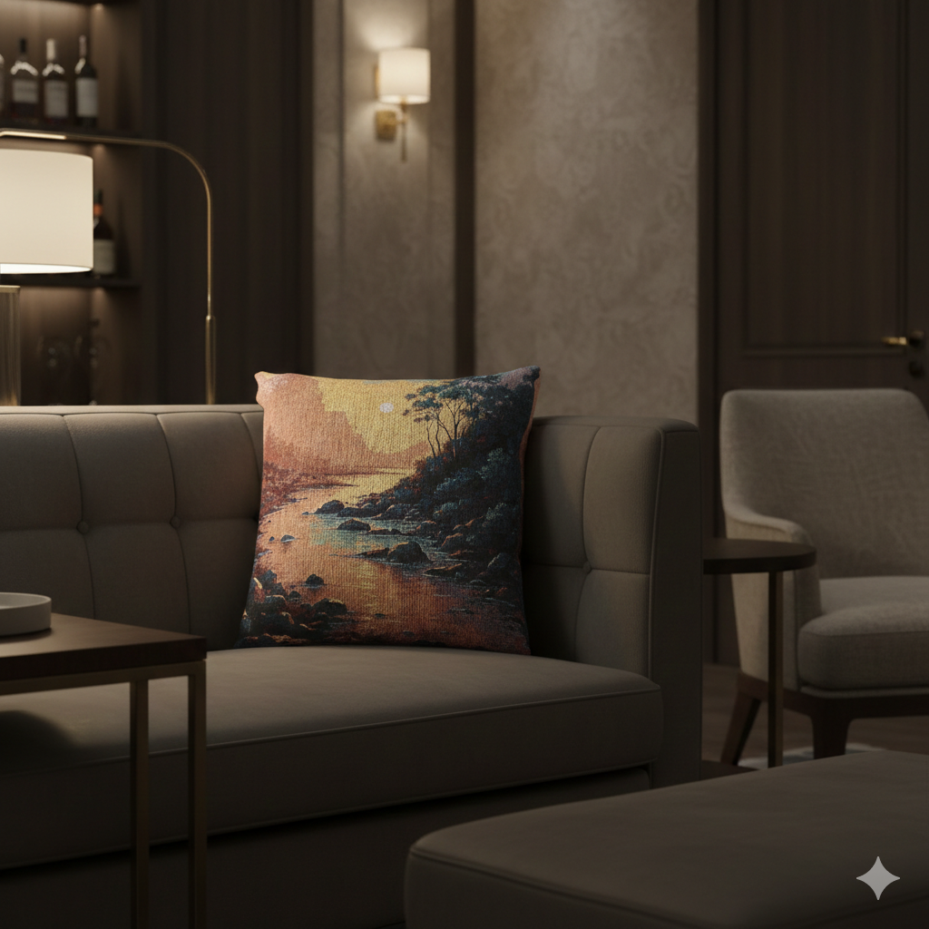 Sunset Cove woven pillow | coastal landscape tapestry throw pillow